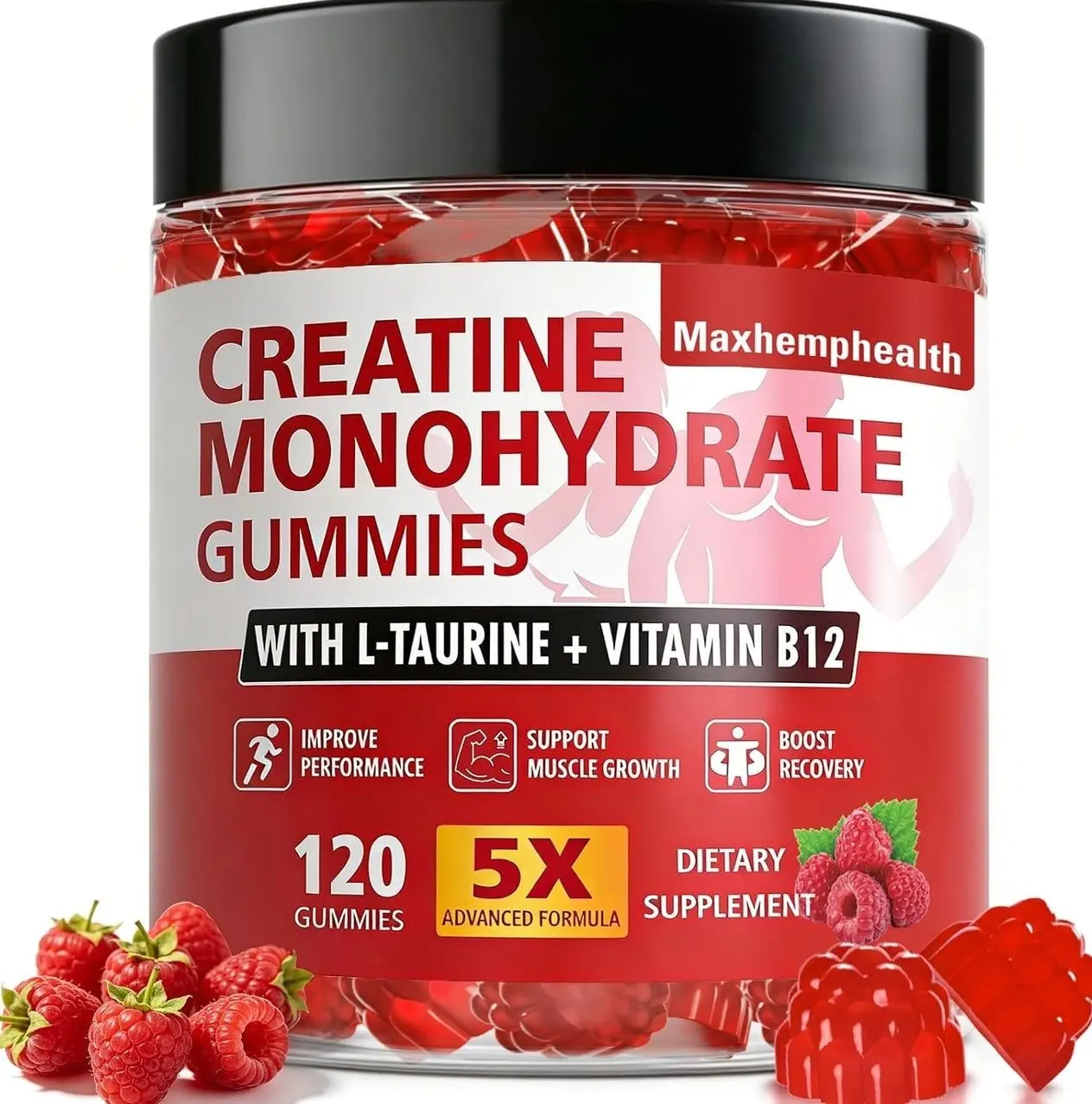 Creatine Gummies for Men & Women, Creatine Monohydrate Gummies 5g, Build Muscle, Strength, Recovery, Cognitive Health & Memory, Pre Workout Supplement, 120 Count Raspberry Chewable Gummy