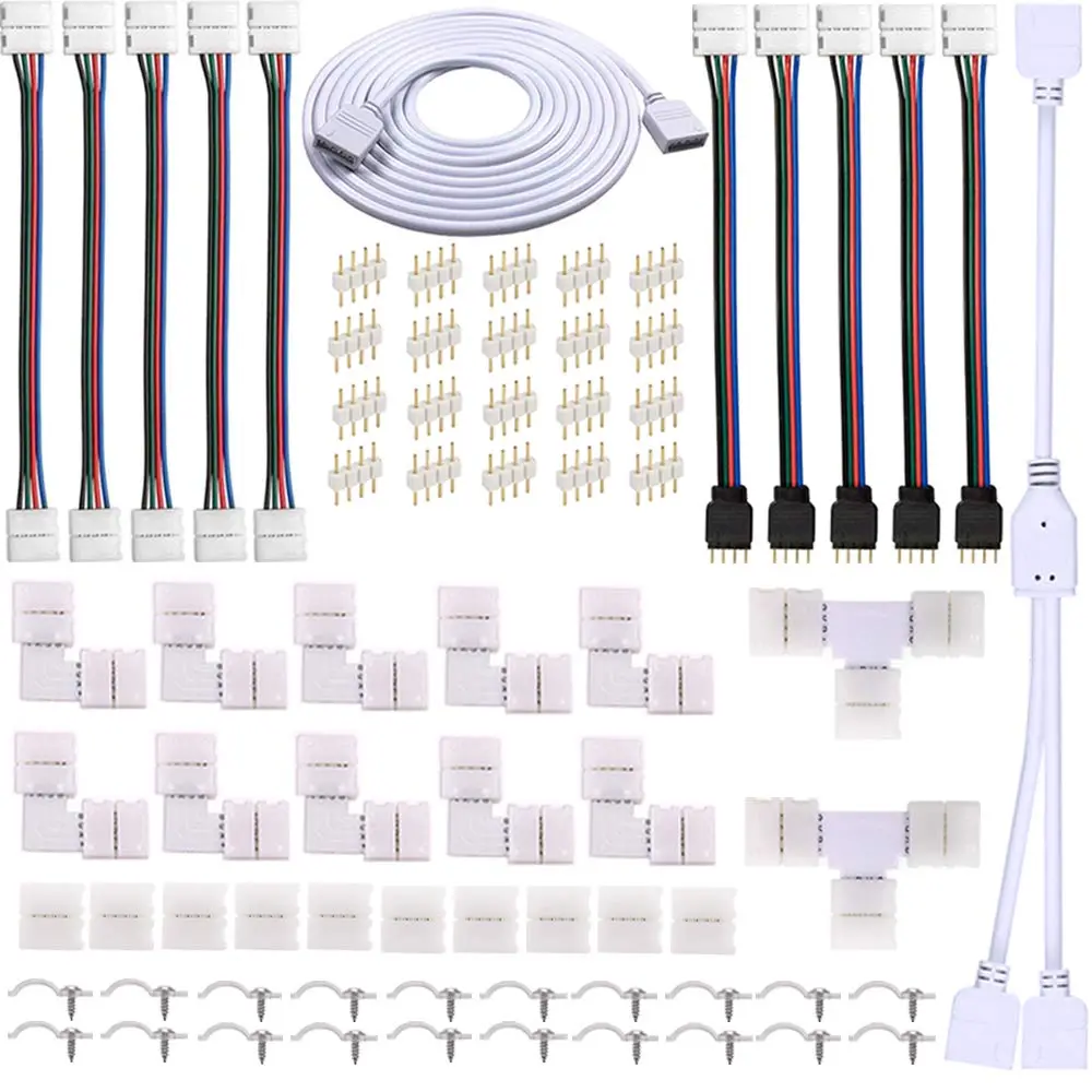 Solderless Light Strip Connectors Multi-Type Kit, 4-Pin 10mm for 5050 RGB LEDs (Not RGBIC), PVC Flame-Retardant Copper, Durable & Flexible, 0-24V 0-4A, 8 Types of Accessories for DIY Festive Lighting Projects