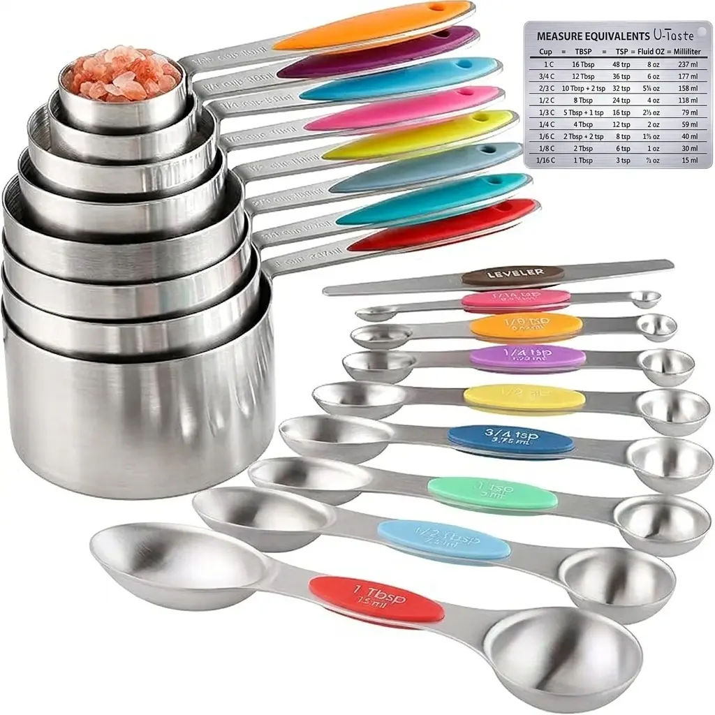 17 pcs Measuring Cups and Magnetic Measuring Spoons Set Stainless Steel for Dry and Liquid Ingredients Including 1 Leveler & Magnetic Conversion Chart