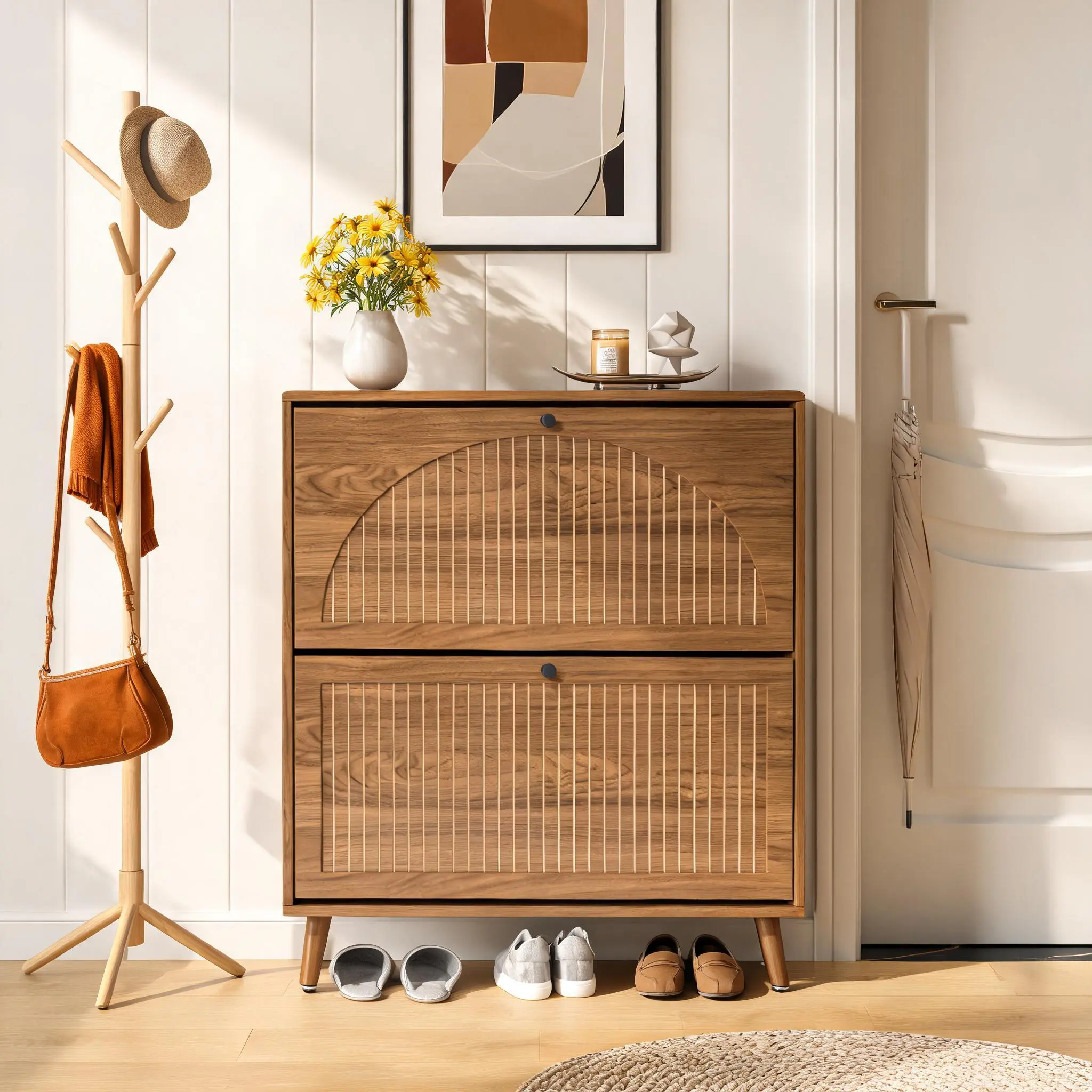 Durable Wooden Narrow Free-Standing Shoe Rack Organizer - Indoor Hallway Entryway Furniture, 2 Flip Drawers, Fluted Panel, Hidden Shelf, 25kg+ Capacity, 9.4"d x 31.5"w x 35.4"h, Holds 12-16 Shoe Pairs, Apartment Household Use, Shoe Storage, Stable