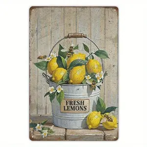 Vintage Lemon Metal Tin Sign Rustic Kitchen Wall Art 12x8 Inch, Bee Flower Decor for Home Bar Garden, Durable Farmhouse Hanging Signage