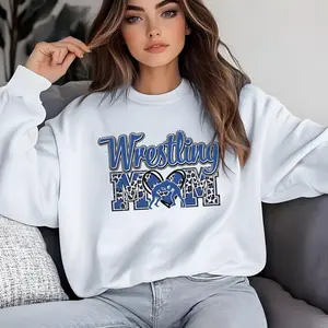 Wrestling Mom Blue Cheetah Print Sweatshirt Cute Crewneck Trendy Hoops Graphic Shirt for Women Wrestling Mama Gift Unisex Cozy Outfit