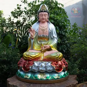 Multi-Color Quan Yin Statue 19.7" Composite Resin Stone Powder Hand-Painted Guanyin Bodhisattva on Lotus Base Buddhist Altar Decor