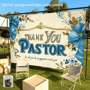 1pc 2D Flat Thank You Pastor Appreciation Banner - Elegant Blue Floral Fabric Background with Golden Lettering & "Pastor" Text - Durable Polyester Fabric for Church Events, Weddings, Birthdays, Flower White