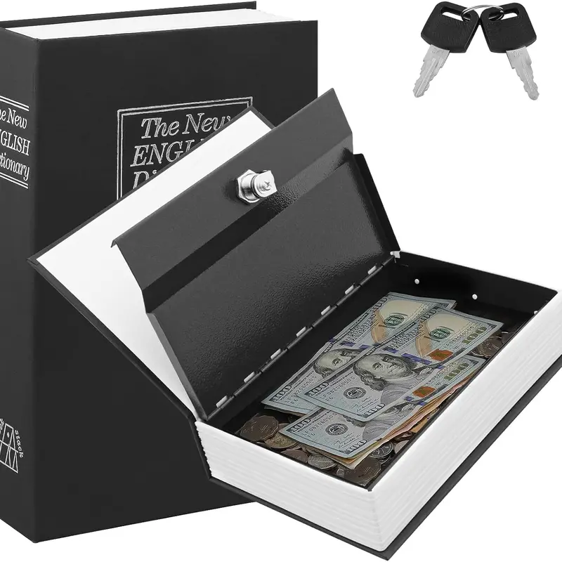 Book Safe with Key Lock, Portable Metal Safe Box, 9.5" x 6.1" x 2.2" Black & Navy Blue Large, Secret Book Hidden Safe