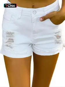 Women's Plain Denim Shorts, Casual Comfy Shorts for Daily Wear, Ladies Bottoms for Summer, Solid Color Shorts, Casual Ripped Shorts, Womenswear
