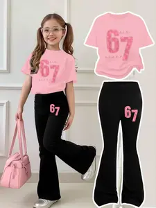 Girls Star Print Set with Flared Pants, Short Sleeve T-Shirt with '67' Design, Casual Outdoor Wear for All Seasons, Girl Clothes School, Casual Outfit Set, Casual Fashion Set