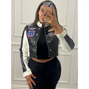 Women’s patchwork letter-print jacket — Y2K uniform street style, single-breasted, hip-hop trend for autumn, zip-up design, chic racing top