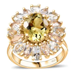 Heliodor, Aquamarine & Morganite Halo Ring in 18k Yellow Gold over Sterling Silver 5.00ctw