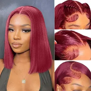 99j Burgundy Bob Wig Human Hair 13x4 Lace Front Wigs 14 Inch Short Straight Red Bob Wig Pre Plucked 200% Density Natural Hairline Wigs for Black Women