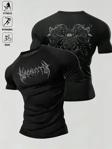 Men's Gothic Print Compression Workout T-Shirt - Quick Dry, Breathable & Moisture-Wicking, Y2K Dark Gothic Graphic Athletic Tee, Edgy Streetwear Athleisure Style, Ideal for Gym, Running, Cycling & Daily Casual Wear Gym WearY2K Gothic