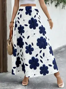 New Fashion Casual Blue Floral Print Maxi Skirt