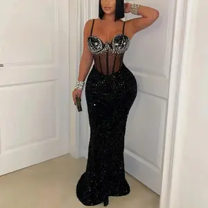 Women's Prom dress,Velvet sequin party dress, strappy dress with hotfix rhinestones, bodycon long dress for women.