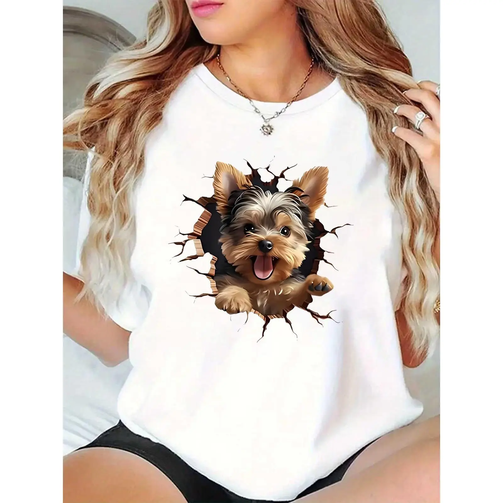 Women's Casual 3D Yorkie Graphic T-Shirt, 100% Cotton Relaxed Fit Comfortable Clothes for Pet Lovers, Lightweight Breathable Short Sleeve Top