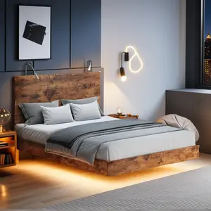 HOMBCK Floating Bed Frame with Led Lights, Wooden Platform Bed Frame with Reading Light Headboard, Heavy Duty Metal Slats, No Box Spring Needed, Easy Assembly, Vintage Brown