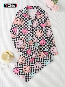 Women's Christmas Plaid Smiley Face Print Pajama Set, Lightweight Button-Up Long Sleeve Top & Pants, Casual Fitted Sleepwear