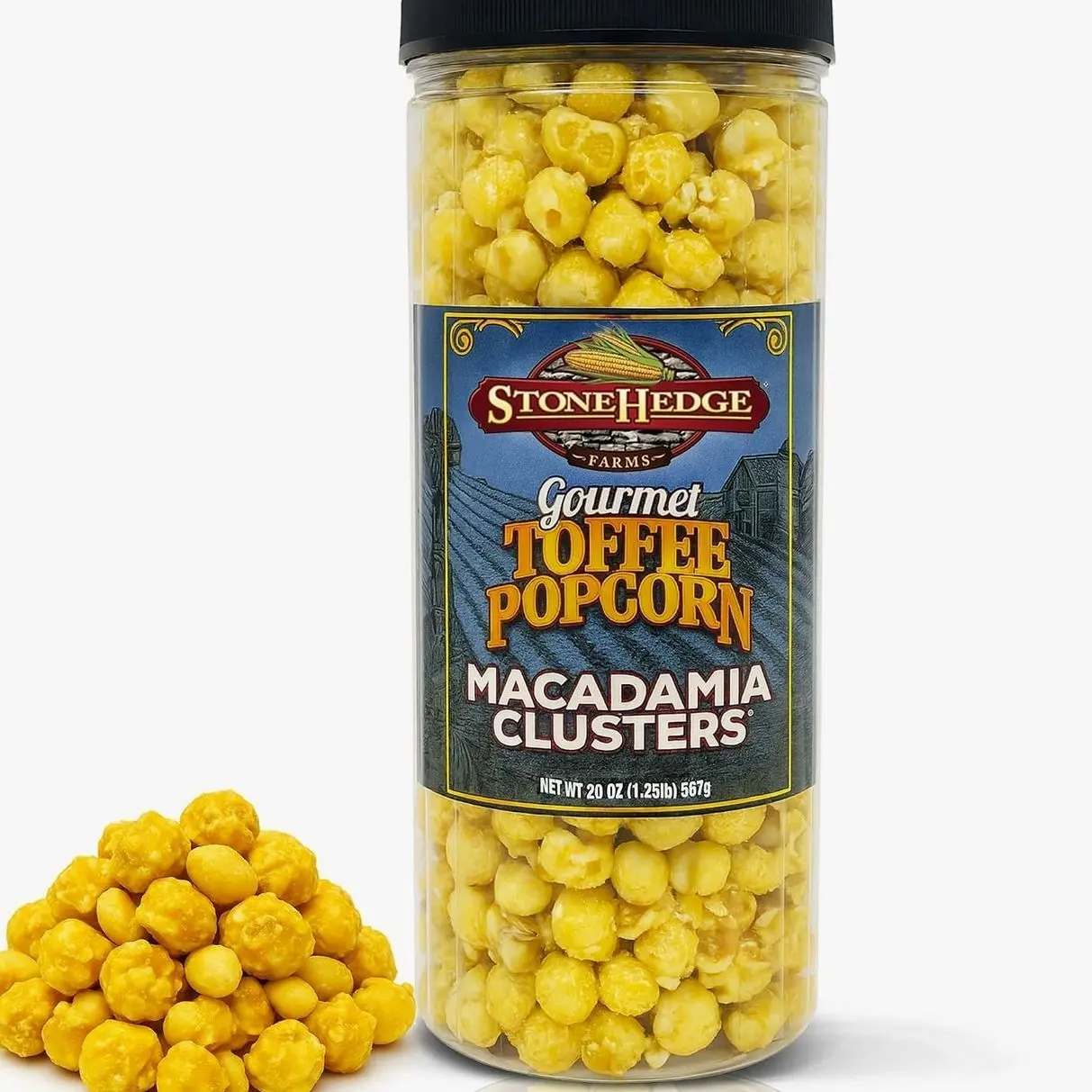 Stonehedge Farms Gourmet Toffee Popcorn Macadamia Clusters | 20 oz Reclosable Container | Mix Of Pop corn, Macadamia Nut and Butter Toffee | Holiday Snack Gift