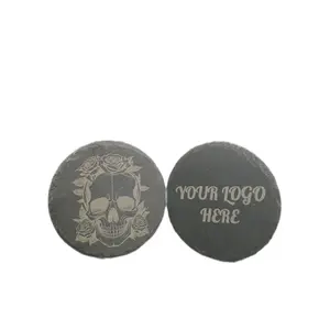 Slate Coasters - Pack of 4 Personalized with Your Logo Here Unique Skull & Roses Design Tableware Drink Coasters