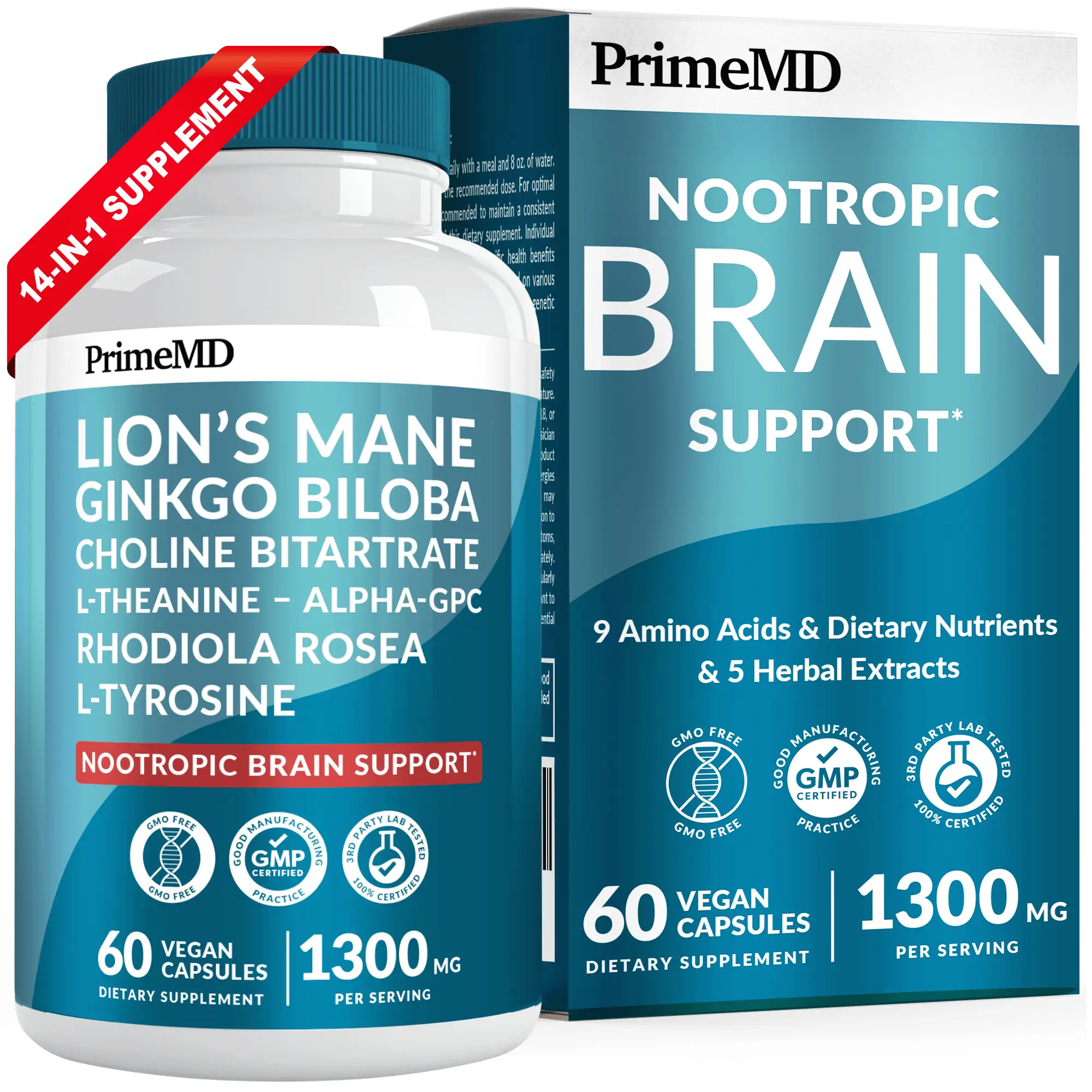 14-in-1 Lions Mane Supplement Capsules - Nootropic Brain Supplement with Ginkgo...
