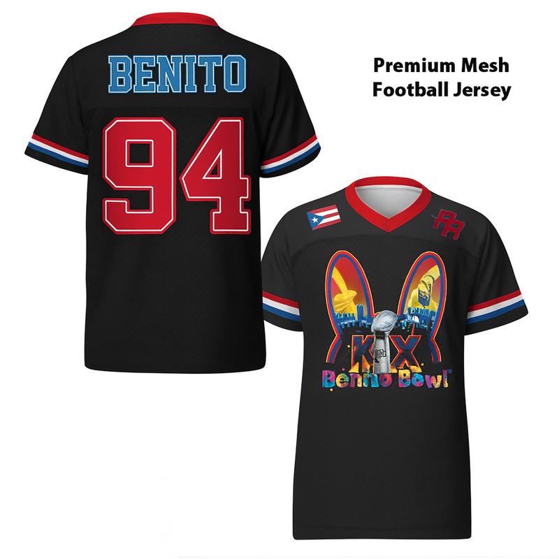 Black Bun Benito Premium Mesh Football Jersey, Puerto Rico Flag Football Jersey Shirt, Latin Music Graphic Half Time Show Concert Jersey Gift for Unisex