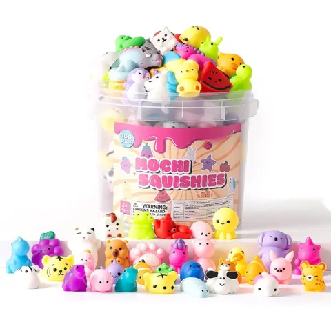 25 Pack Squishy Toys, Mochi Squishy Animals for Kids, Kawaii Slow Rising Squishies, Cute Sensory Fidget Toys for Kids, Party Favors, Treasure Box Prizes, Classroom Prizes in Storage Bucket