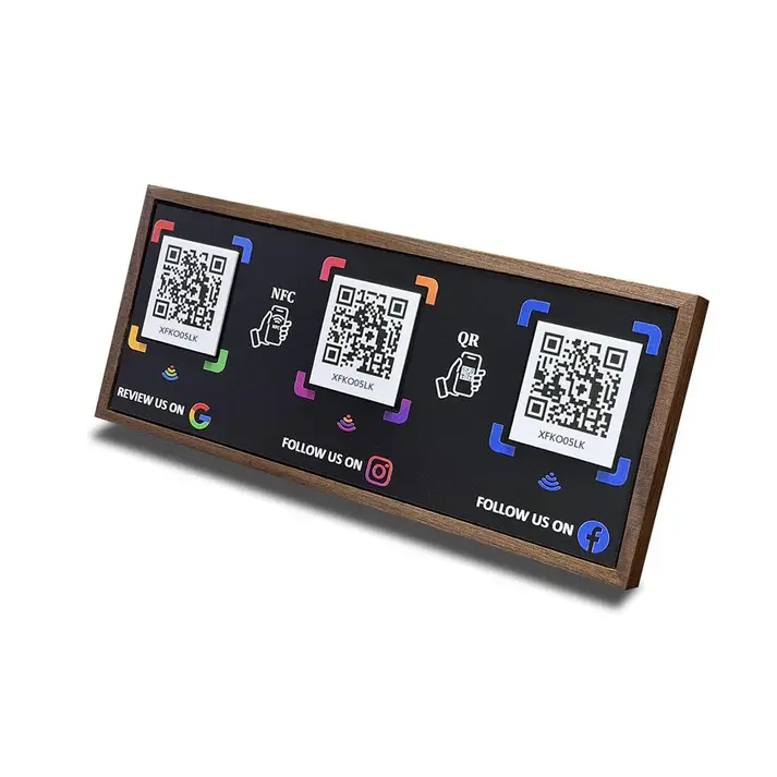 3 in 1 Walnut NFC Sign – Google/Instagram/Facebook – No Monthly Fee