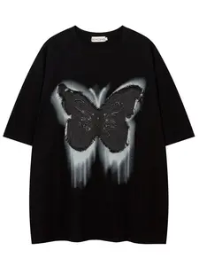 Men's Summer Butterfly Embroidery Short Sleeve Round Neck T-Shirt, Vintage American Style Casual Fashion Top, Trendy Versatile Half Sleeve Shirt