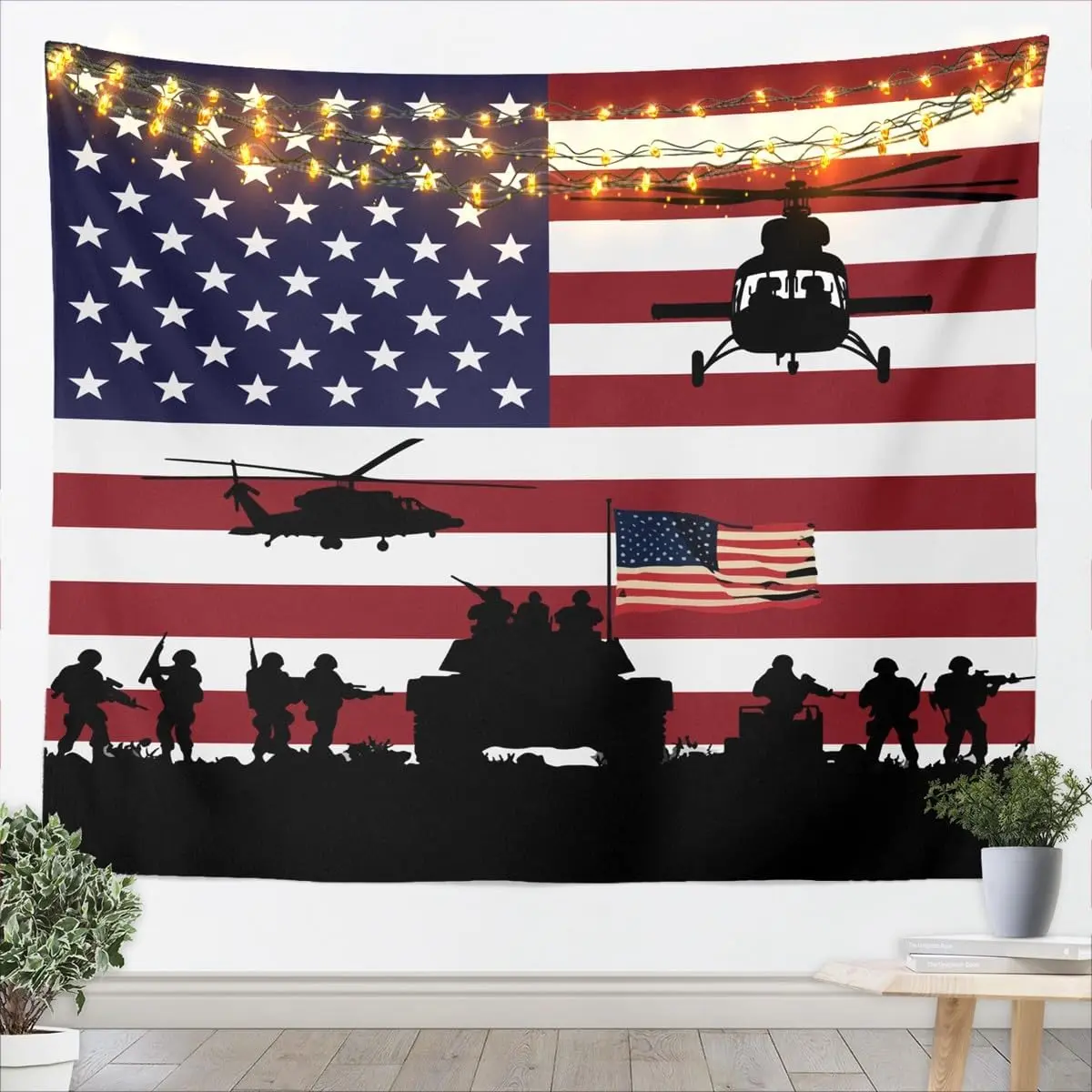 Feelyou Soft Synthetic Stars and Stripes American Flag Wall Tapestry - Lightweight Patriotic Kids' Room Art, Military Banner with Soldier, Rifle, Helicopter, Tank, Starry Sky Patterns, Quick-Dry, Machine Wash, Indoor/Outdoor Wall Decor, Decoration Items,