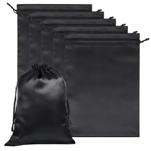 6PCS Lightweight Satin Drawstring Wig Storage Bags, Black Silk Hair Organizer Bags with Hanger for Wigs, Hair Bundles
