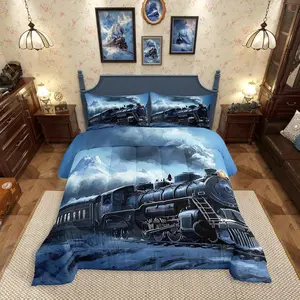 Feelyou Kids Comforter Set - Vintage Steam Train Themed Bedding with Snow Mountain Scene Quilt, Transportation Vehicle Design