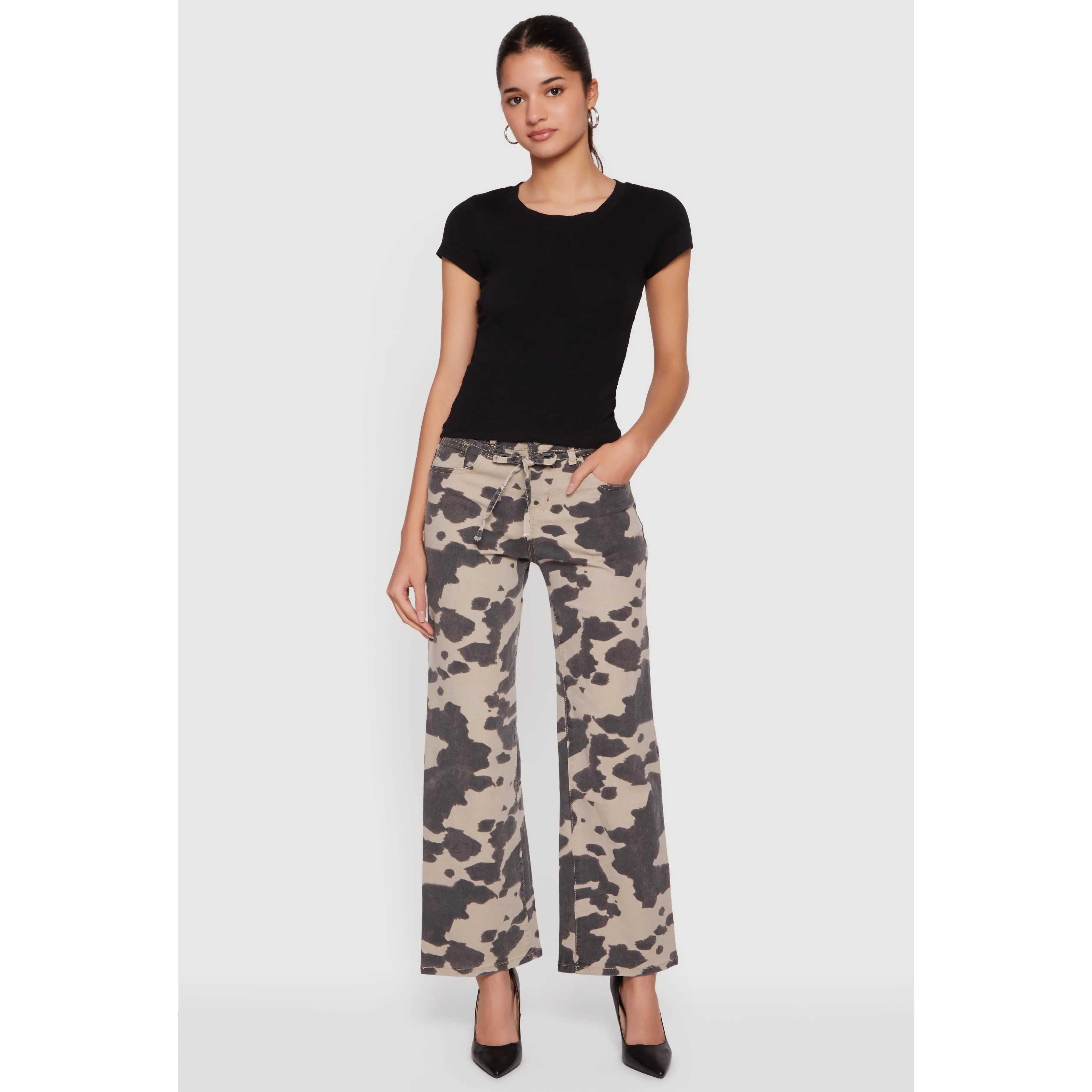 Cow Print Tie Waist Belted Wide Leg Pants