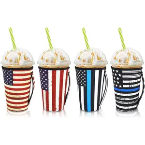 4Pack Reusable Neoprene Insulated Iced Coffee Sleeve With Handle for Cold Drinks, Fits 30-32oz Large Cups (American Flag with Handle)