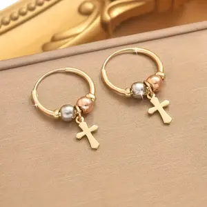 Minimalist Cross Dangle Hoop Earrings Tri-Color Gold Beaded Hypoallergenic Christian Jewelry Gift for Women & Girls