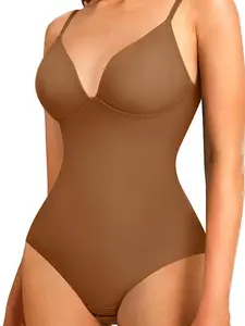 Women's Shapewear Deep V Neck Bodysuit with Built-In Bra, Casual Regular Length, Moderate Fabric Thickness, All Seasons Wear