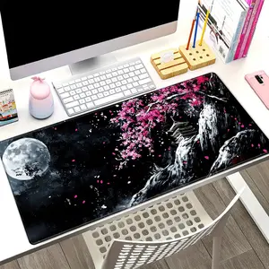 Viral Sakura Moon Samurai Mouse Pad, Pink Cherry Blossom Desk Mat, Oversized Non-Slip Office/Gaming Pad, Japanese Dark Aesthetic Decor, Smooth Surface for Daily Use, Trendy Mystic Vibe Desk Setup 2025, Desk Accessories