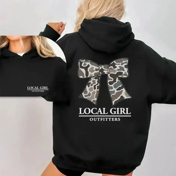 Local Girl Coquette Bow Hoodie, Camouflage Design Casual Hooded Pullover for Women, Oversized Print Apparel Made In The USA