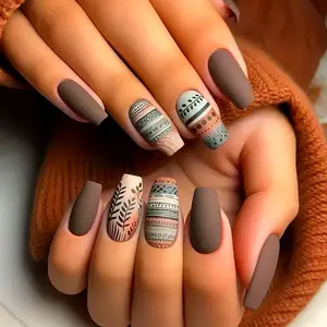 Square Artificial False Nails, Ethnic Art Design Press On False Nails, Perfect for Women & Girls Fashion