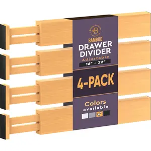 4-Pack Bamboo Drawer Dividers - 2.6 in High, Adjustable 16 to 22 in Expandable Drawer Organizers and Dresser Separators for Clothes, Bedroom, Bathroom, Kitchen, and Office Organization and Storage