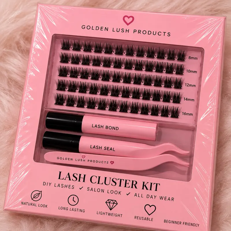 Golden Lush Products Full Lash Extensions Clusters Kit with Lash Bond & Seal for DIY Salon Look All Day Wear