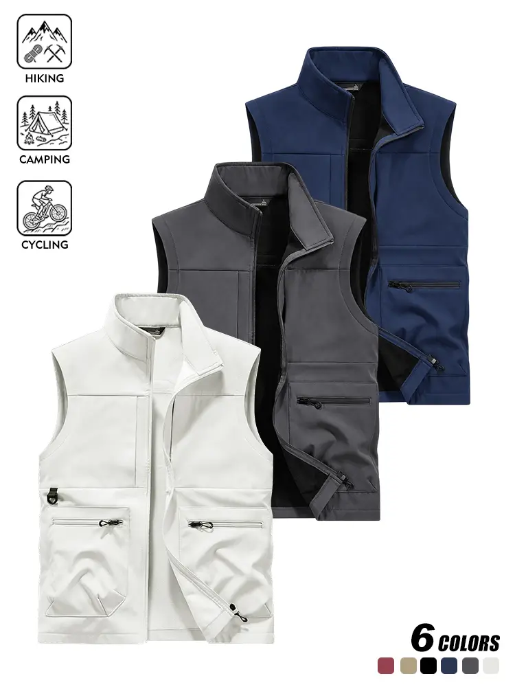 Daily Wear Multi-Pocket Thermal Outdoor Vest for Men, Wind Resistant Outer Fabric, Stand Collar Design, Roomy Zipper Storage Pockets, Fleece Lined Sleeveless Gilet for Training, Driving and Casual Outings