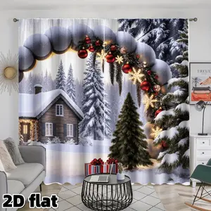 2D Flat 2Pcs Snowy Christmas Cabin Curtains, Winter Forest Scene with Red Ornaments, Rod Pocket Design, Semi Shading Polyester Material, Perfect for Living Room Bedroom Dining Window Treatment, Holiday Decoration, Privacy Protection