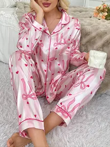 Striped Bow Print Satin Long Sleeve Pajama Set, Comfortable Sleepwear for Women, Stylish Nightwear, Perfect for Relaxing at Home