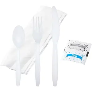 Bulk Disposable Heavy-Weight White Plastic Cutlery Set, Individually Wrapped Utensils (Knife, Spoon, Fork) with Napkin, Salt-Pepper Packets - Extra Strong, Resistant
