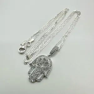 Hamsa Hand of Fatima with Evil Eye  925 Sterling Silver Pendant with 20” Marine Chain — Symbol of Protection & Good Energy