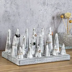 Vintage Style Whitewashed Wood Ring Cone Holder, Finger Stand Jewelry Display Tray