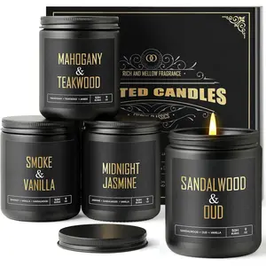 Scented Candles for Men - 4 Pack Candles for  Scented, 36oz Soy Wax, 200 Hour  Time, Men Candle Set, Sandalwood Oud/Mahogany Teakwood/ Vanilla/Jasmine Candle Set A