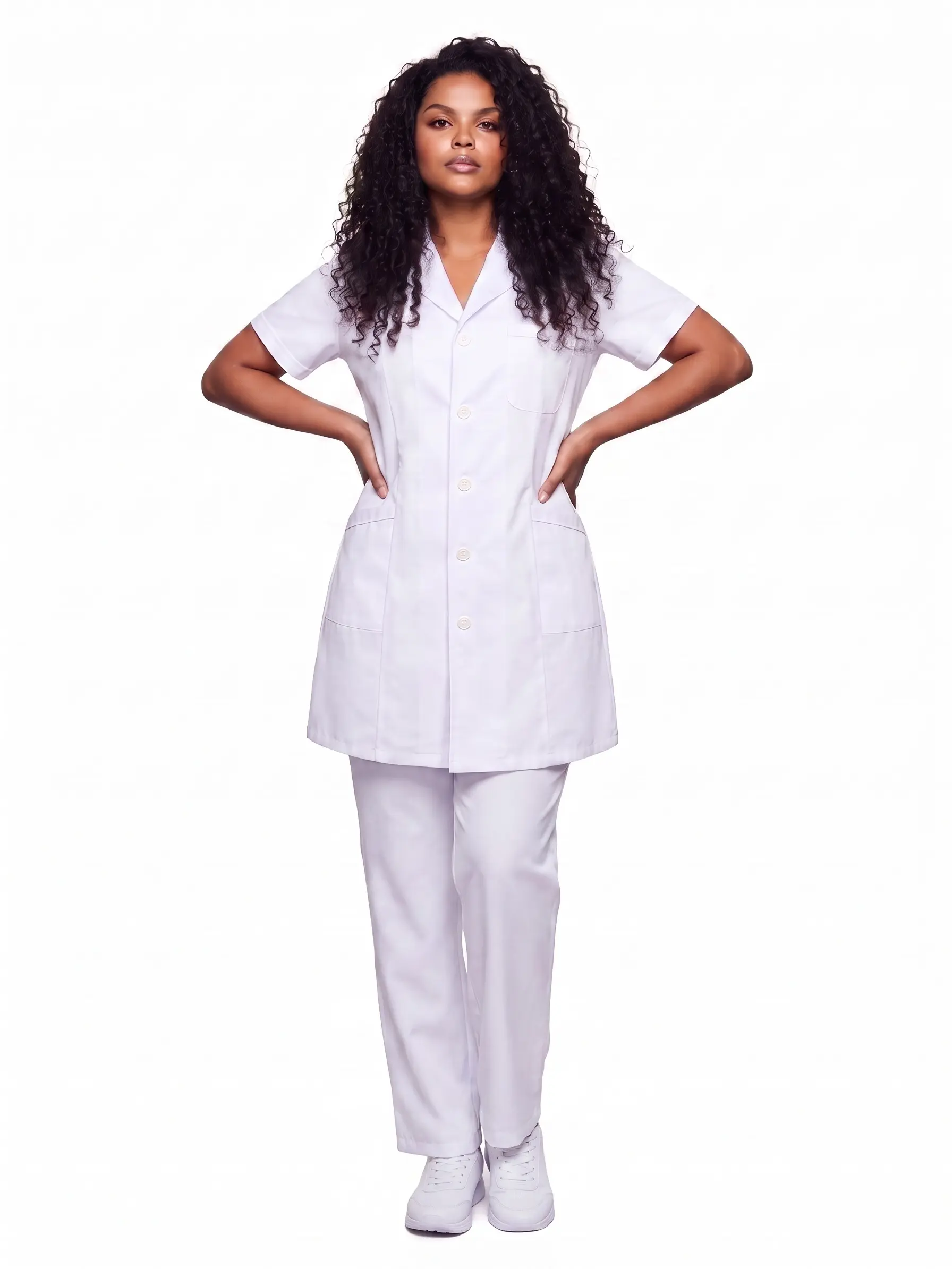 Premium Womenswear Short Sleeve Lab Coat, Notch Lapel Anti‑Static Outerwear, Loose Fit Modest Design, Breathable Fabric With Side Slit, Large Multi‑Pockets Work Uniform for Doctor Aesthetics Dental Clinic Summer