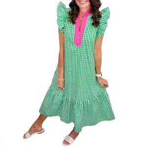 Znacicc Women's Casual Summer Midi Dress - Bright Green Gingham, Pink Color-Blocked Collar, Flutter Sleeves, for Party, Daily Wear | Womenswear