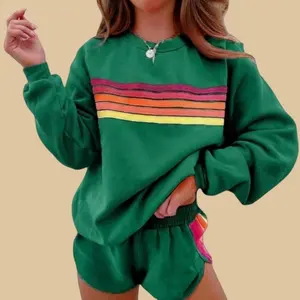 Lady's 2-Piece Retro Striped Rainbow Loungewear Set - Round Neck Longsleeve Loose Pullover Sweatshirt & Shorts, Slim-Fit Comfortable Vintage Fabric Co-ord Tracksuit, Casual Everyday Womenswear for Spring