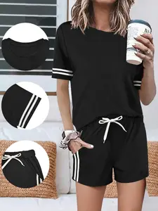Summer New Women's Patchwork Short Sleeve Top and Shorts Set, Simple Commuter Style, Two-Piece, Casual Fashion